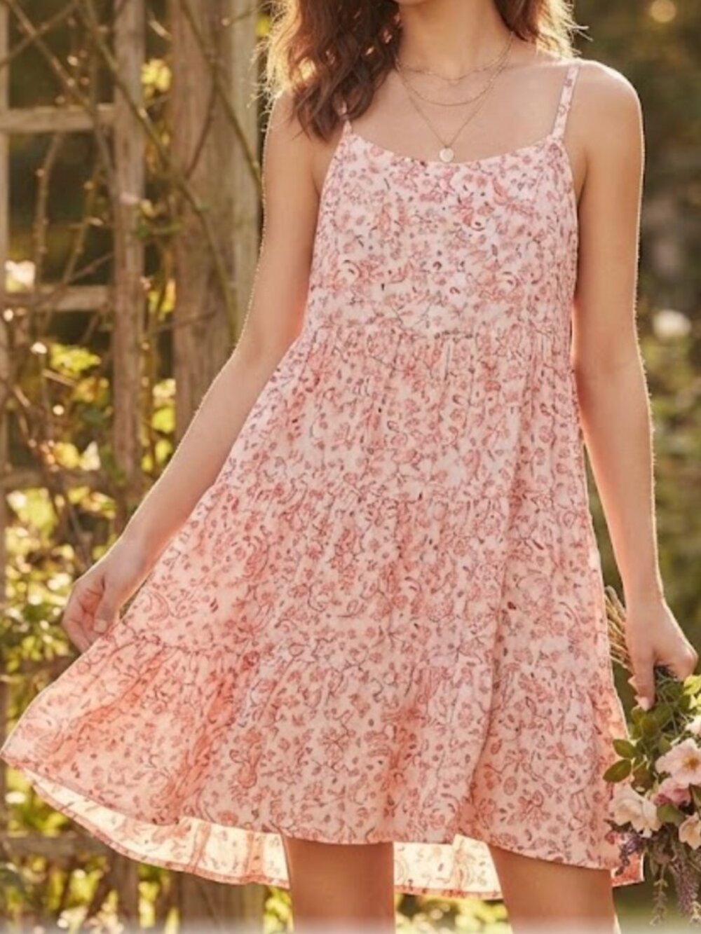 Old Navy Women's M Pink Floral Paisley Tiered Swing Mini Dress Rayon Spaghetti
